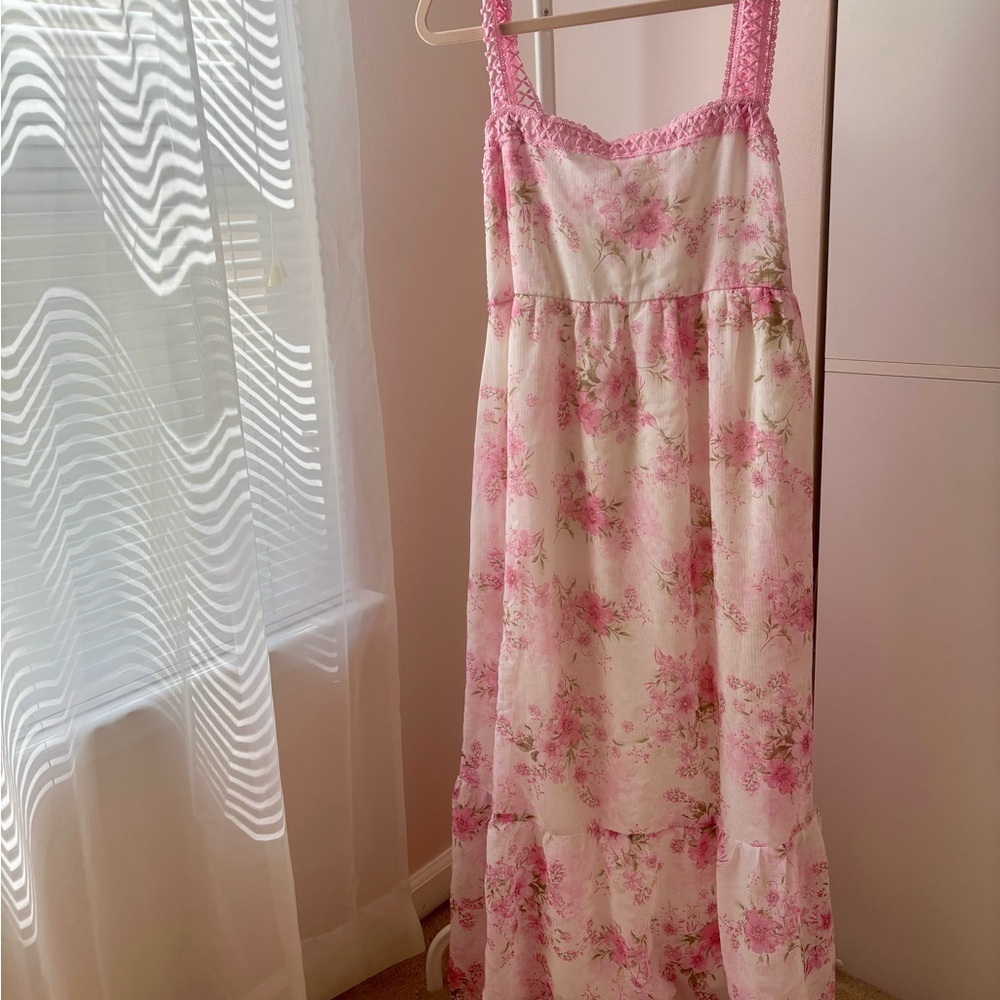 By the River Pink Floral Dress Size L - Crochet Straps & Tiered Skirt - Picture 6 of 6